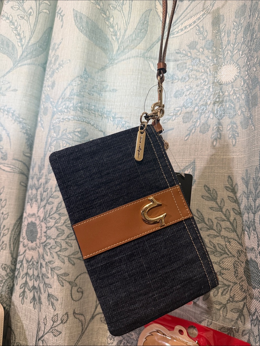 FULL SIZE True religion Denim Wristlet with Tan Leather Strap and Gold Hardware